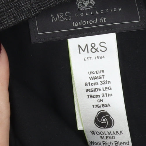 Marks and Spencer Men's Grey Check Wool Blend Dress Trousers 32W 31L