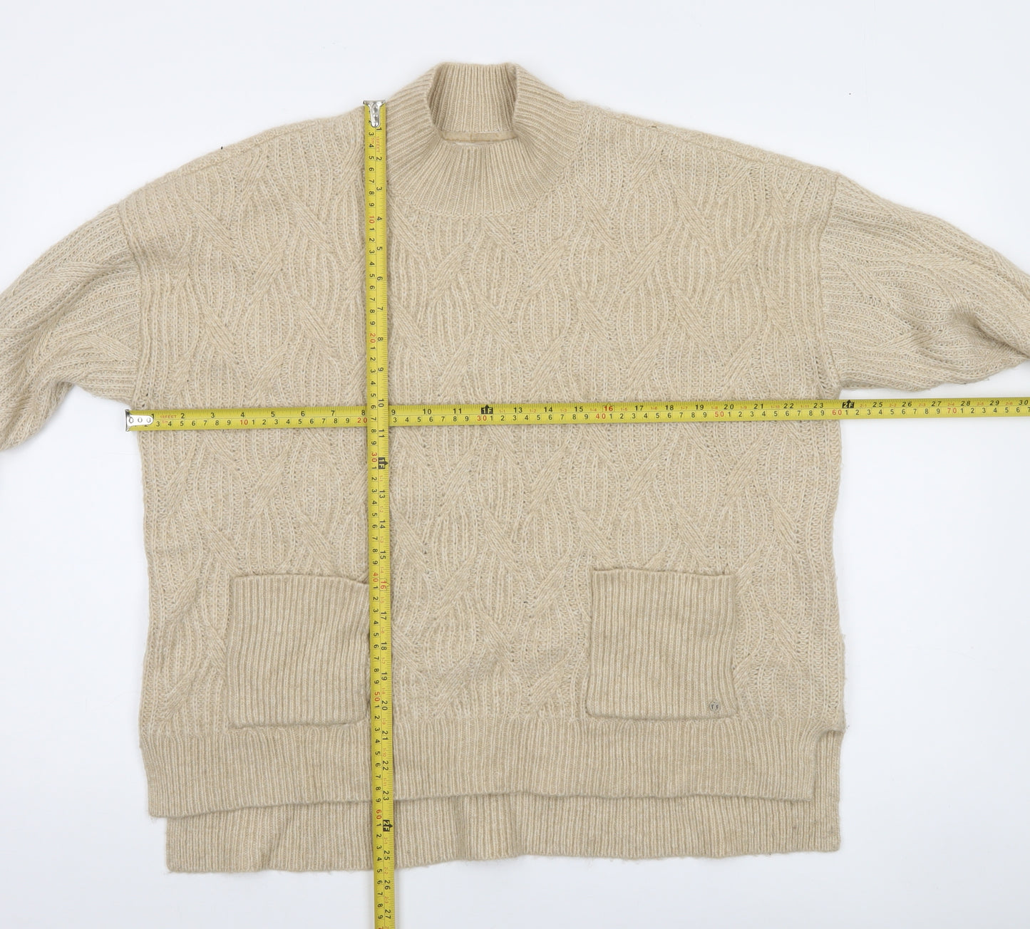 Fat Face Women’s Beige Cable-Knit Mock Neck Wool Blend Jumper Size 12
