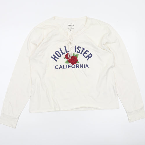 Hollister Women White Long Sleeve V-Neck Graphic Tee M