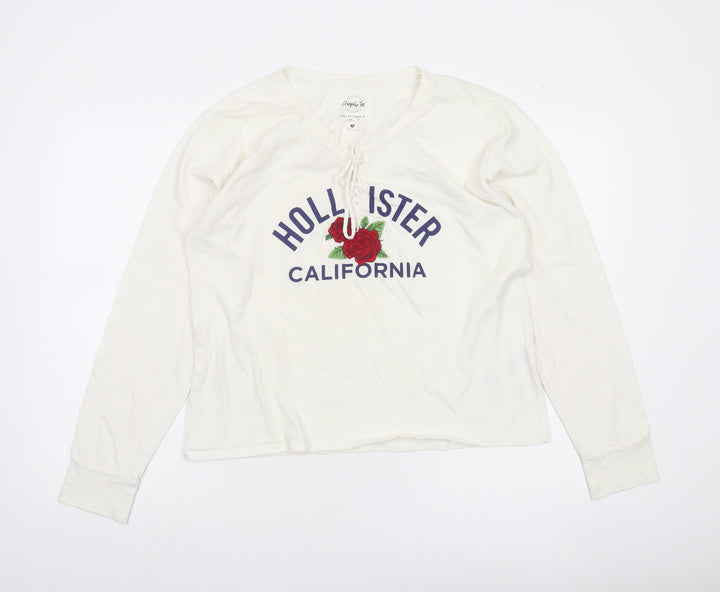 Hollister Women White Long Sleeve V-Neck Graphic Tee M