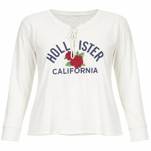 Hollister Women White Long Sleeve V-Neck Graphic Tee M
