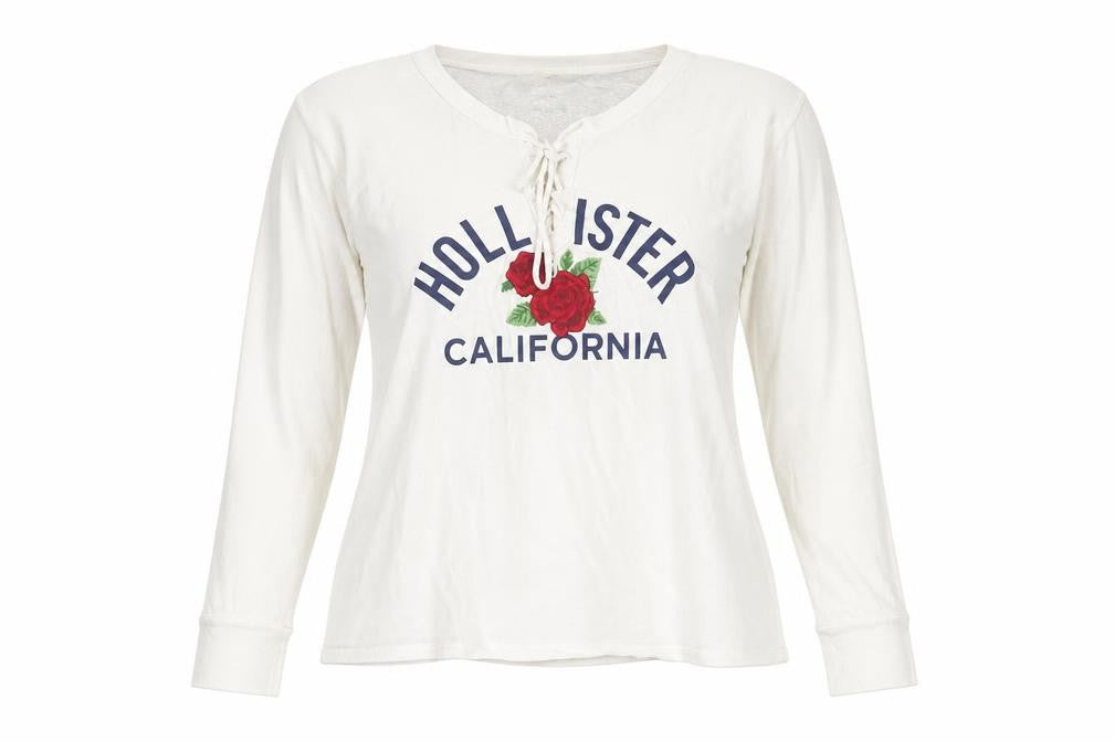 Hollister Women White Long Sleeve V-Neck Graphic Tee M