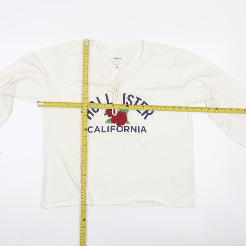 Hollister Women White Long Sleeve V-Neck Graphic Tee M