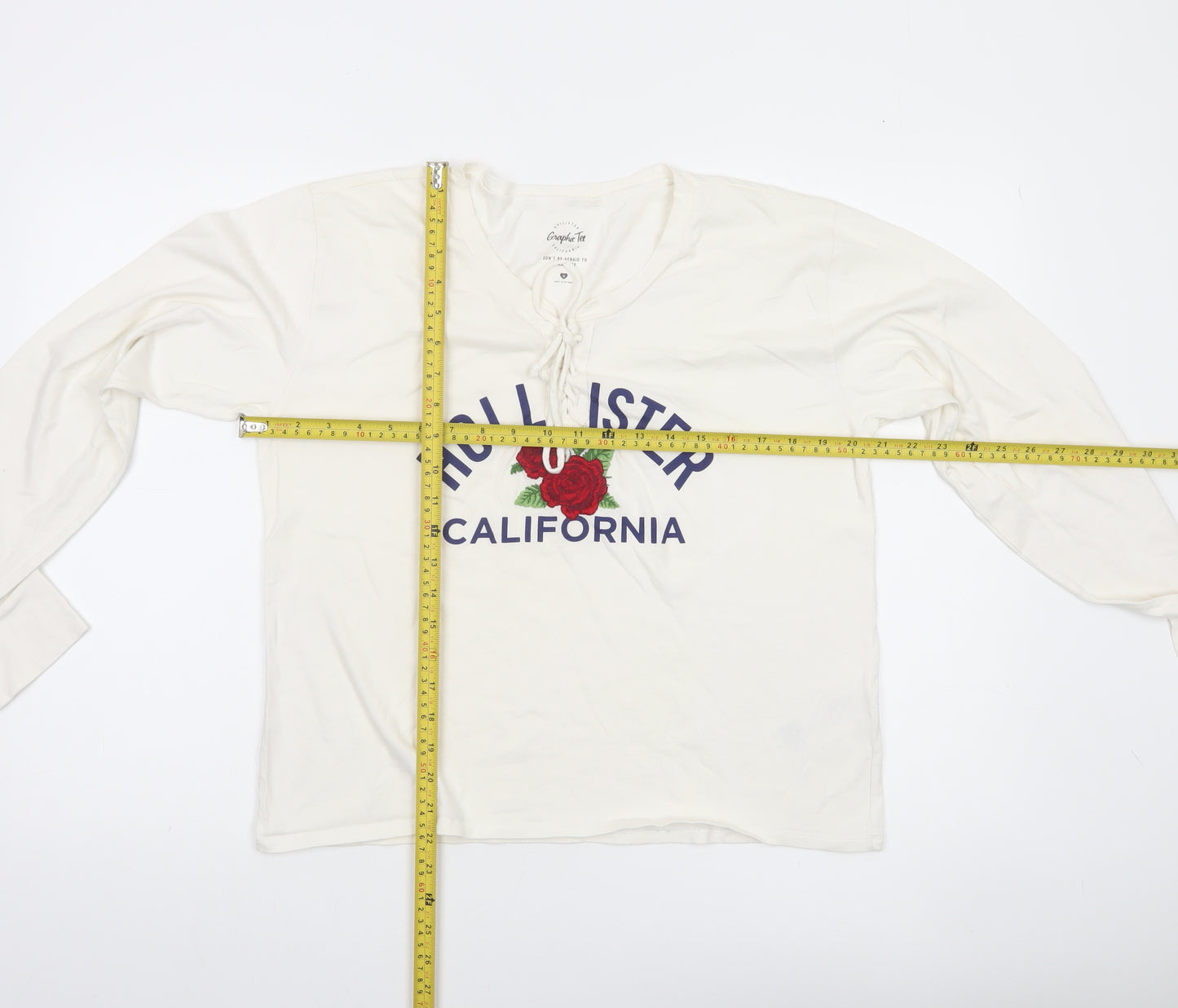 Hollister Women White Long Sleeve V-Neck Graphic Tee M