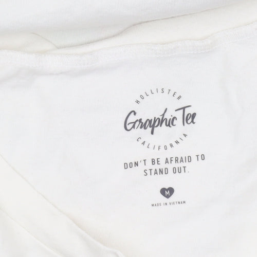 Hollister Women White Long Sleeve V-Neck Graphic Tee M