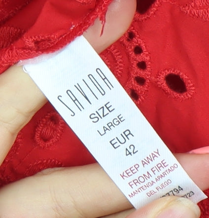Savida Women's Red Embroidered Cotton Tunic Blouse Size 14
