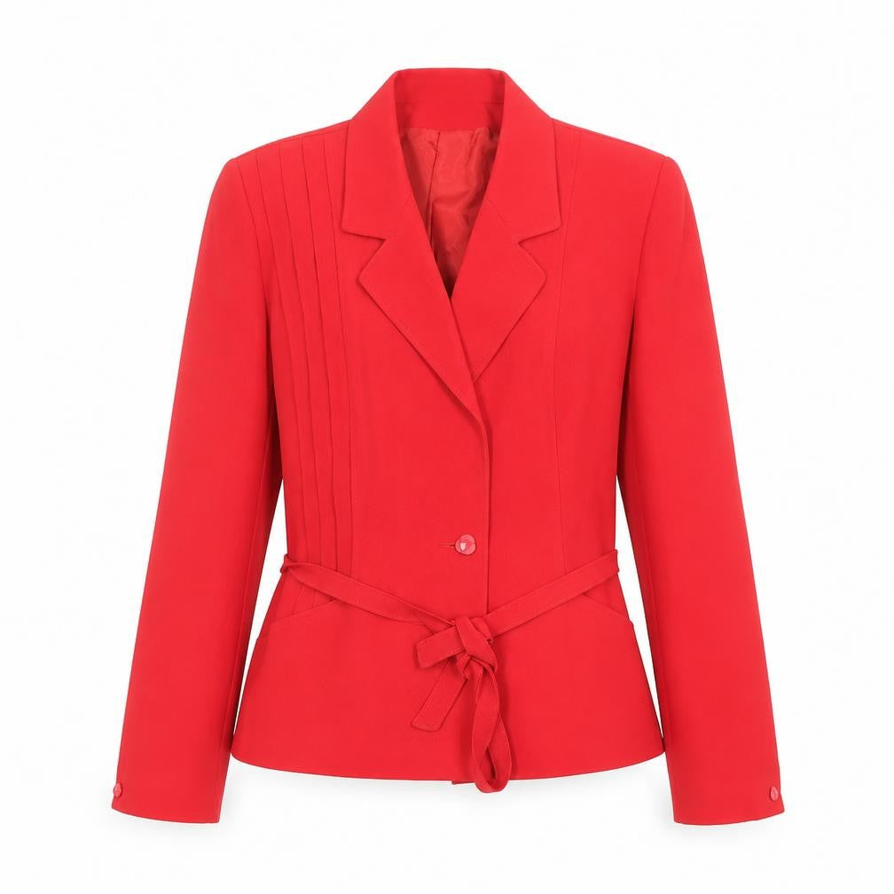 Front view of Monetgue Women’s Red Wool Blend Belted Blazer, size UK 12, Classic Fit