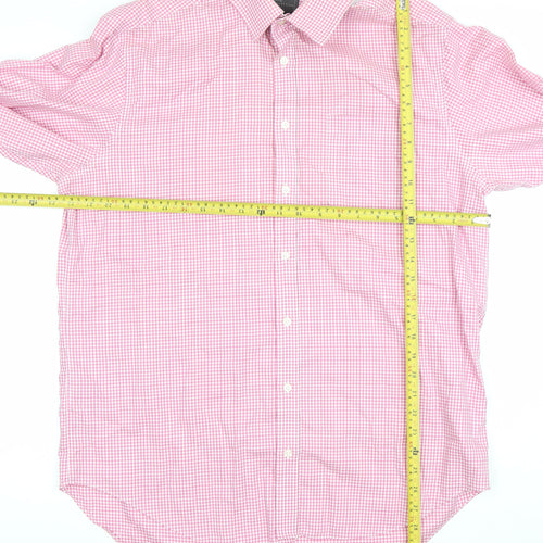 Marks and Spencer Men's Pink Check Long Sleeve Button-Up Shirt Size 16 Classic Fit