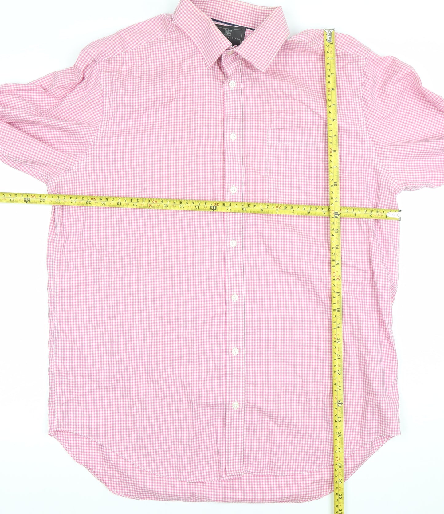 Marks and Spencer Men's Pink Check Long Sleeve Button-Up Shirt Size 16 Classic Fit