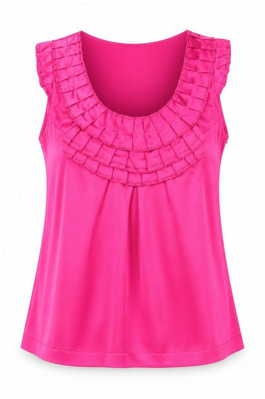 Front view of Next Women’s Pink Sleeveless Satin Ruffle Tunic Blouse, size UK 10