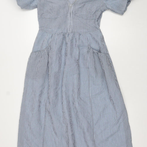 Saviola Women Blue Check A-Line Puff Sleeve Ruched Cotton Dress Size 10