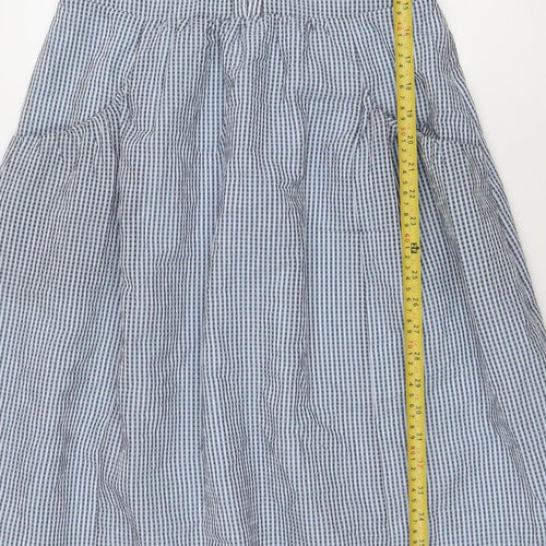 Saviola Women Blue Check A-Line Puff Sleeve Ruched Cotton Dress Size 10