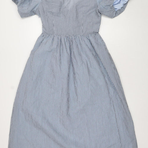 Saviola Women Blue Check A-Line Puff Sleeve Ruched Cotton Dress Size 10
