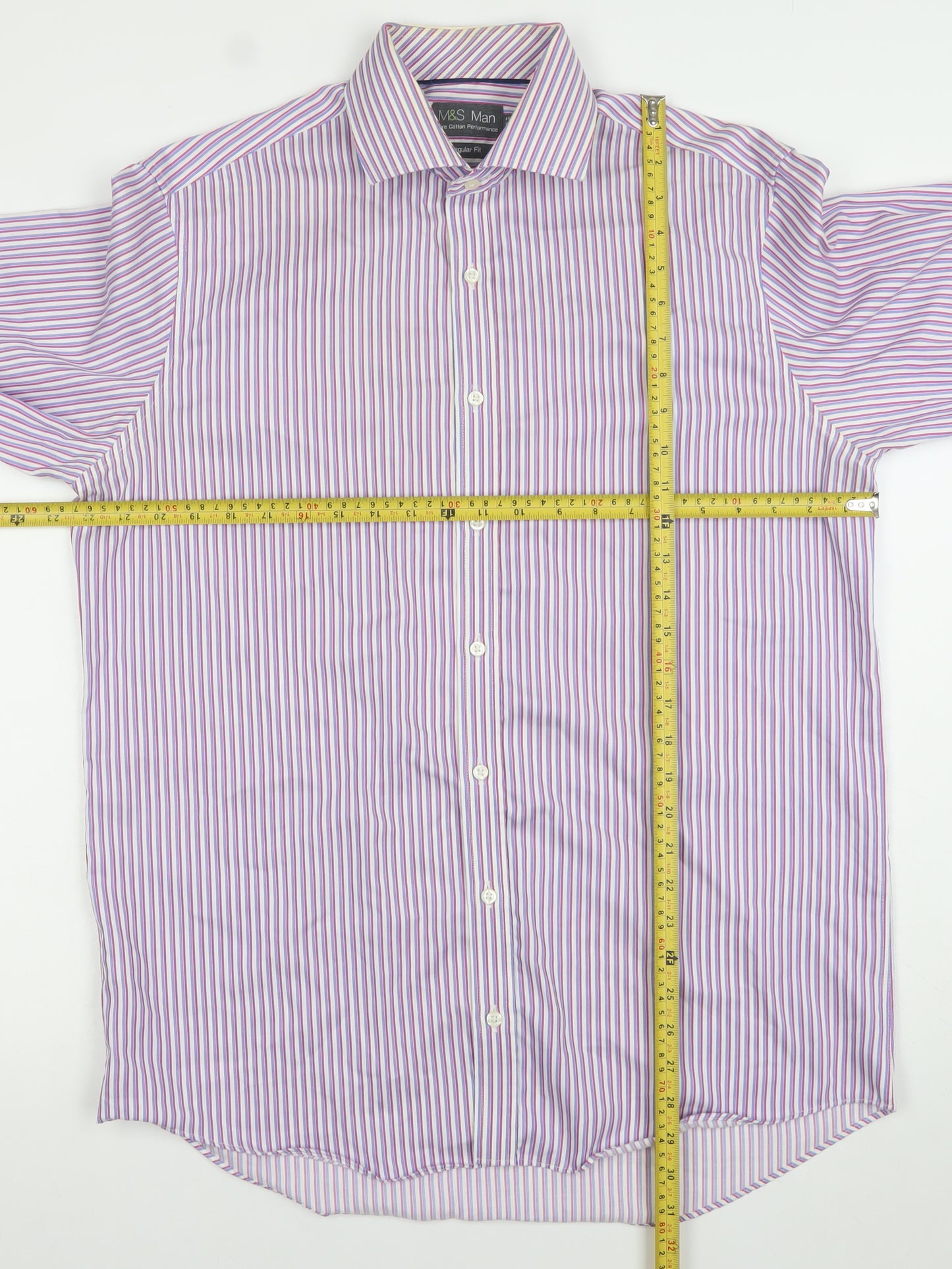 Marks and Spencer Men's Purple Striped Regular Fit Cotton Button-Up Shirt 16 41in