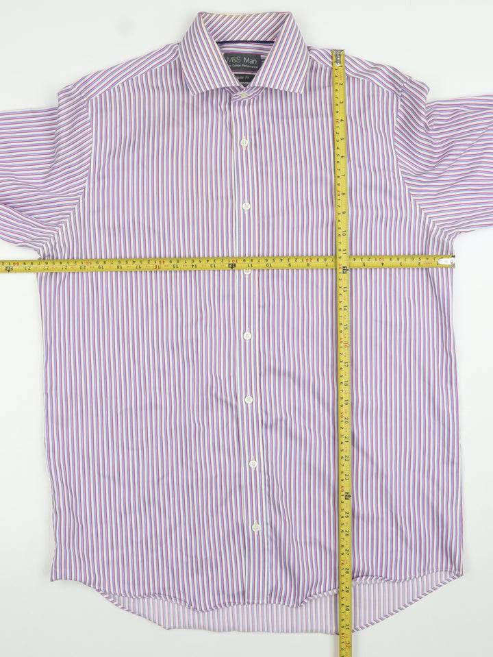 Marks and Spencer Men's Purple Striped Regular Fit Cotton Button-Up Shirt 16 41in
