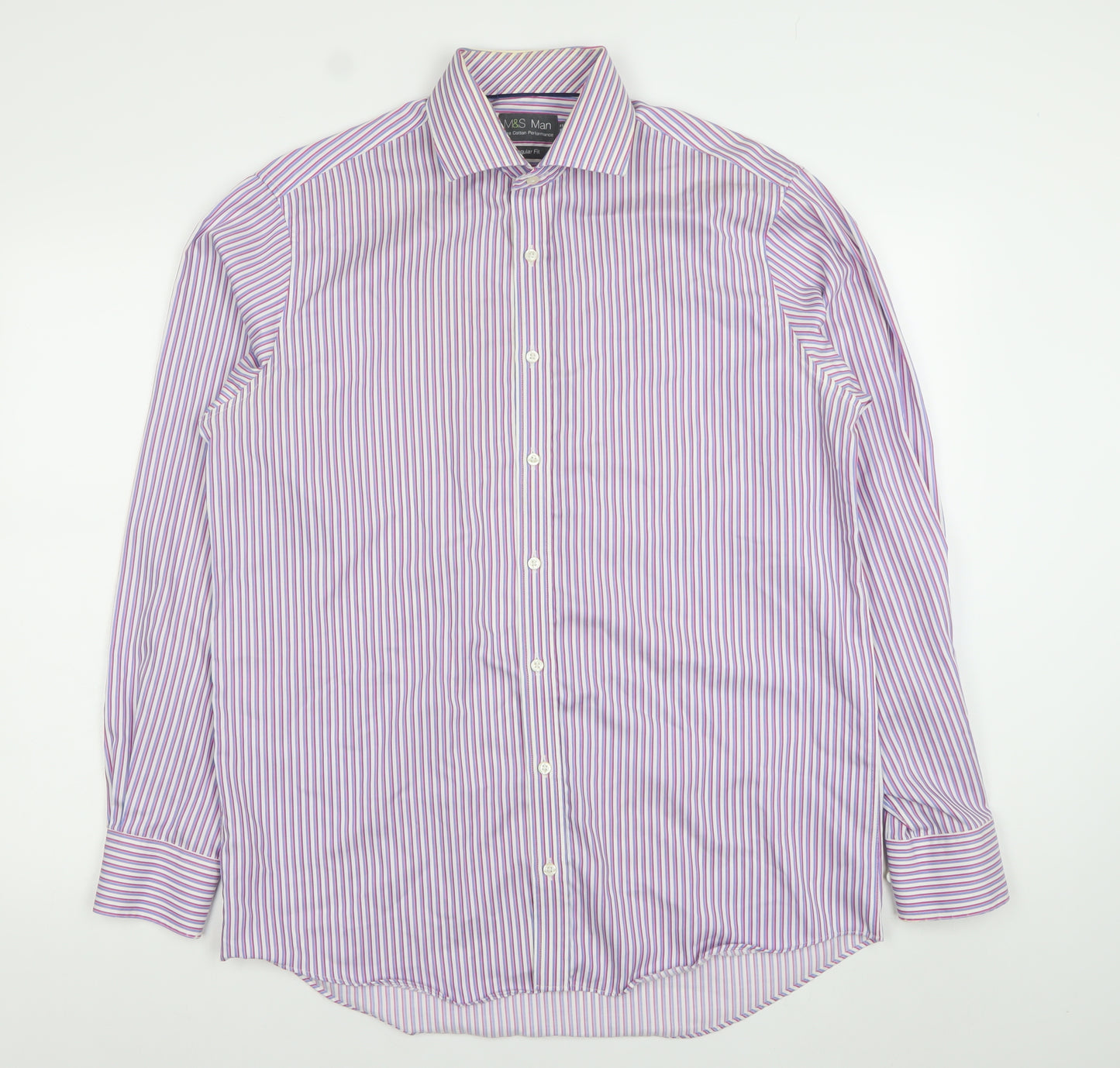Marks and Spencer Men's Purple Striped Regular Fit Cotton Button-Up Shirt 16 41in