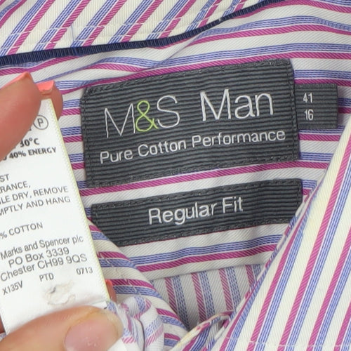 Marks and Spencer Men's Purple Striped Regular Fit Cotton Button-Up Shirt 16 41in