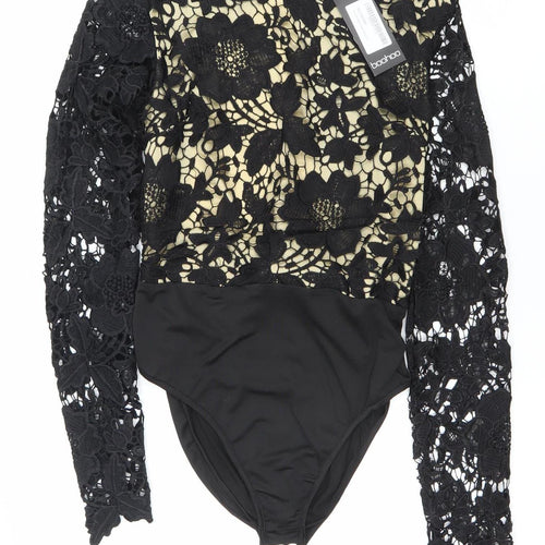 Boohoo Women Black Lace Long Sleeve Bodysuit Size 14 Elegant Partywear