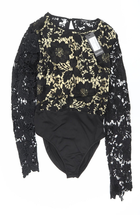 Boohoo Women Black Lace Long Sleeve Bodysuit Size 14 Elegant Partywear