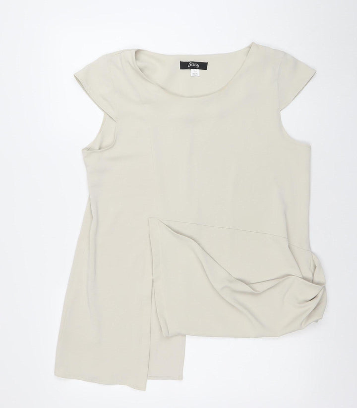Ever Sassy Womens Beige Tunic Blouse Size L Relaxed Fit Short Sleeve Top