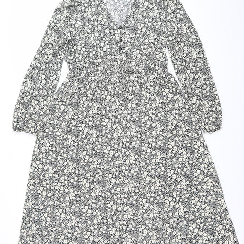 Dunnes Women’s Black Floral Bodycon Dress Size 12 V-Neck Long Sleeve