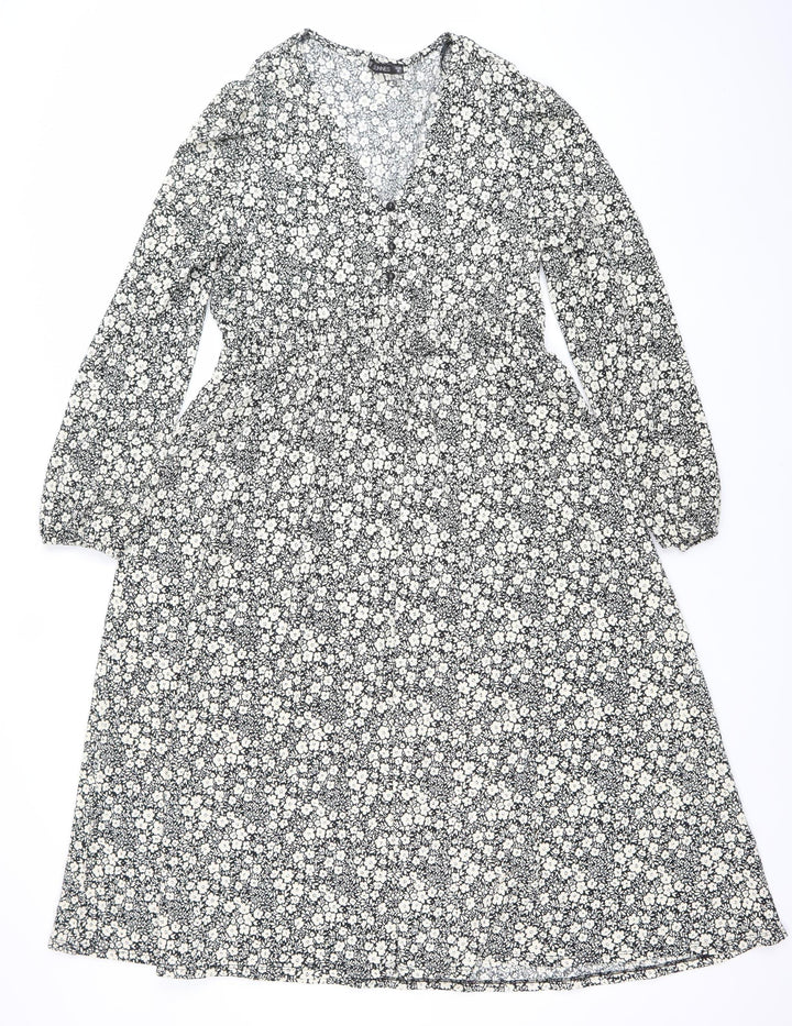 Dunnes Women’s Black Floral Bodycon Dress Size 12 V-Neck Long Sleeve