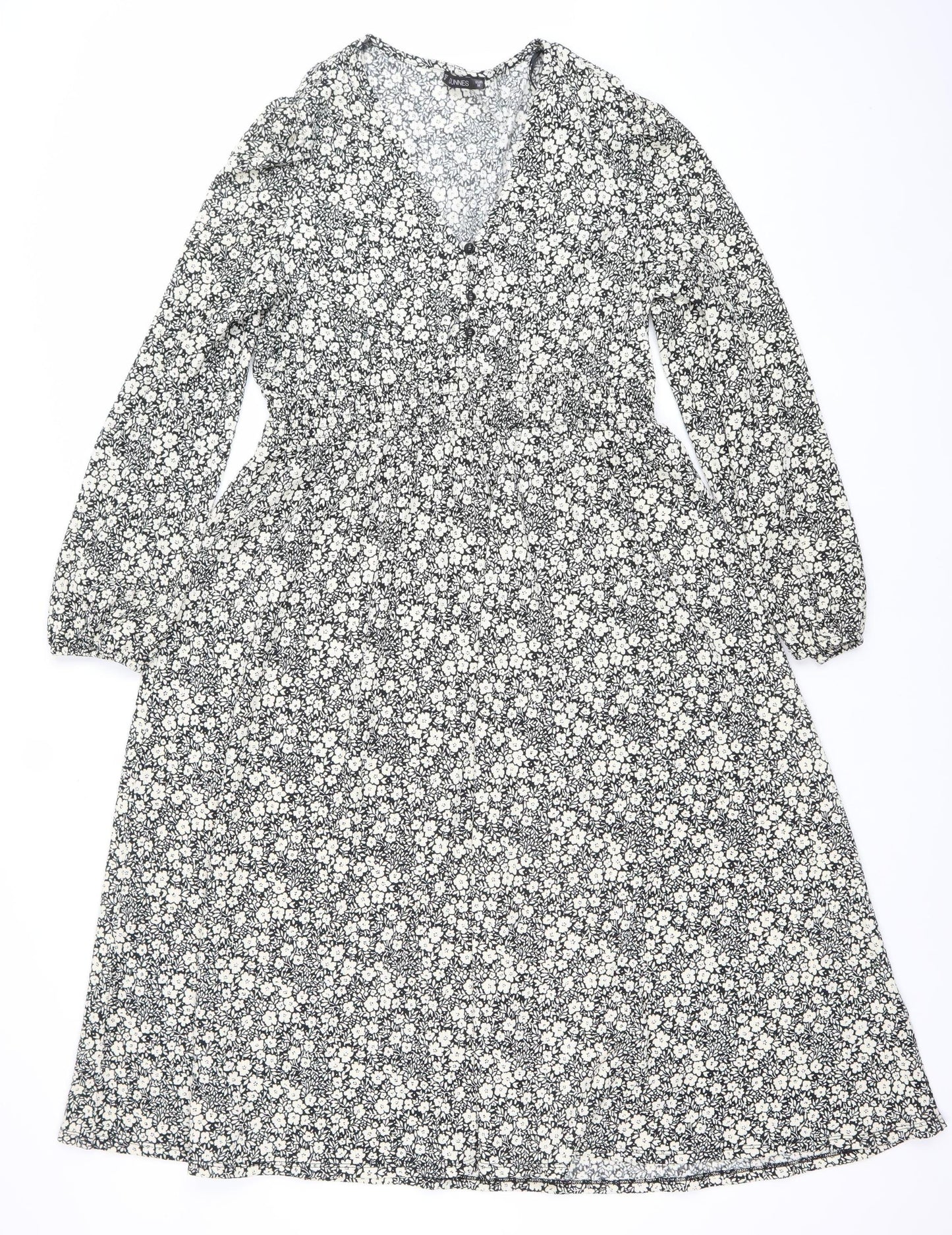 Dunnes Women’s Black Floral Bodycon Dress Size 12 V-Neck Long Sleeve