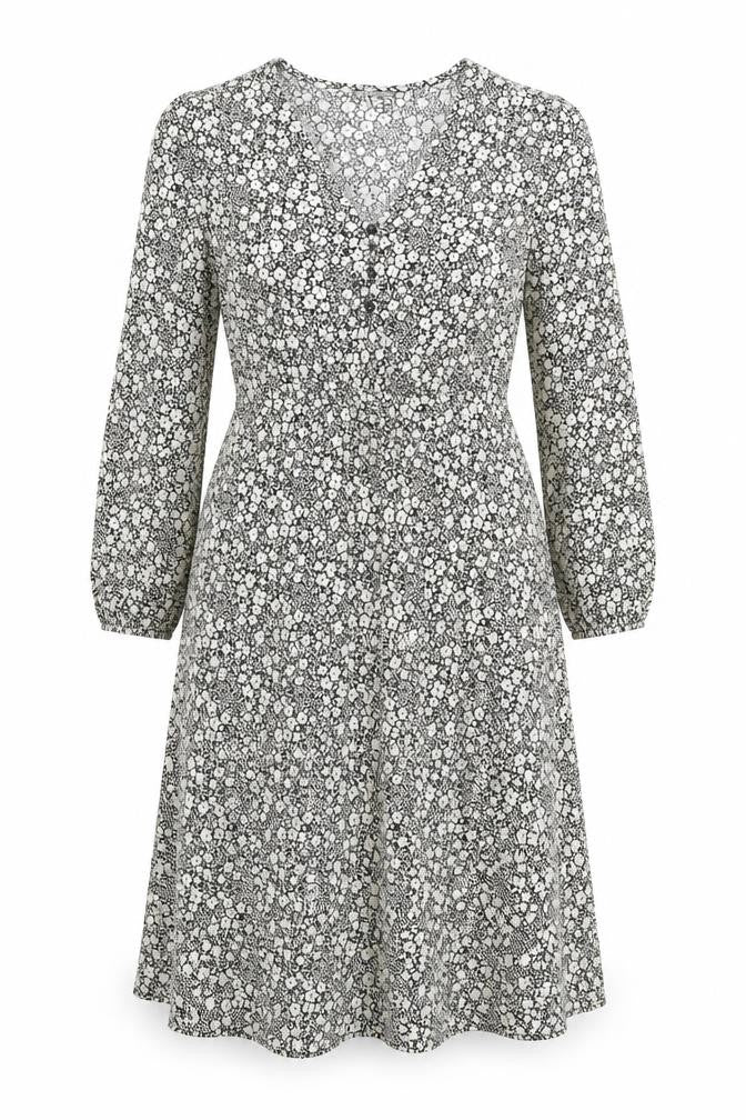 Dunnes Women’s Black Floral Bodycon Dress Size 12 V-Neck Long Sleeve