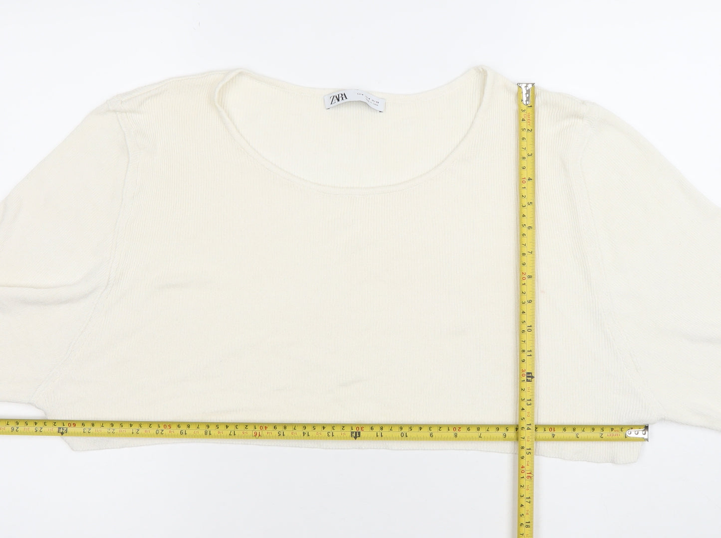 ZARA Women Ivory Cropped 3/4 Sleeve Jersey Top Size 12