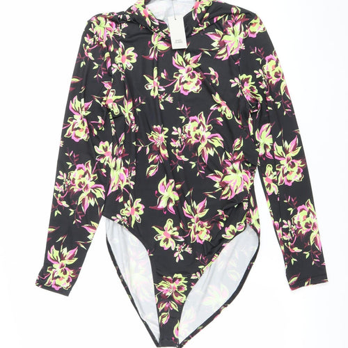River Island Women Black Floral Long Sleeve Bodysuit Size 16