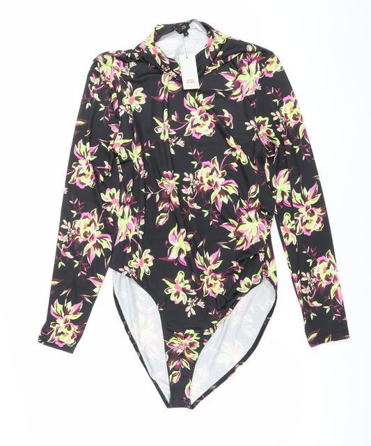 River Island Women Black Floral Long Sleeve Bodysuit Size 16