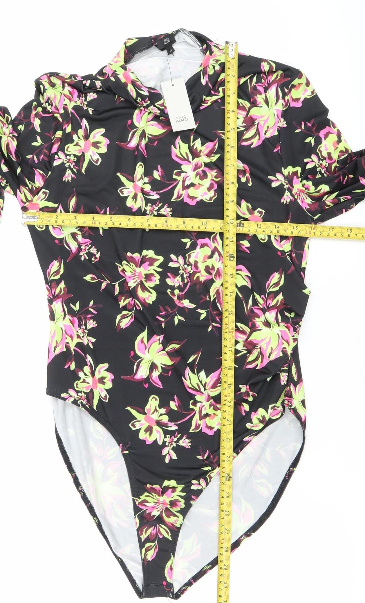 River Island Women Black Floral Long Sleeve Bodysuit Size 16