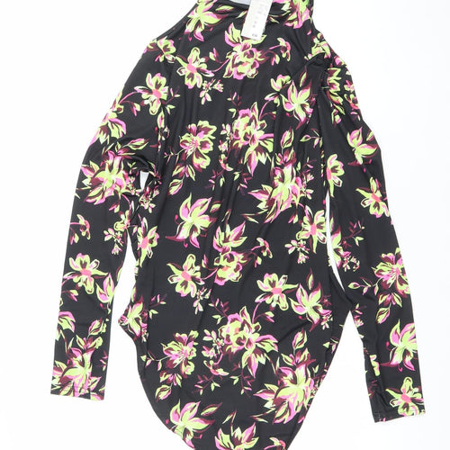River Island Women Black Floral Long Sleeve Bodysuit Size 16