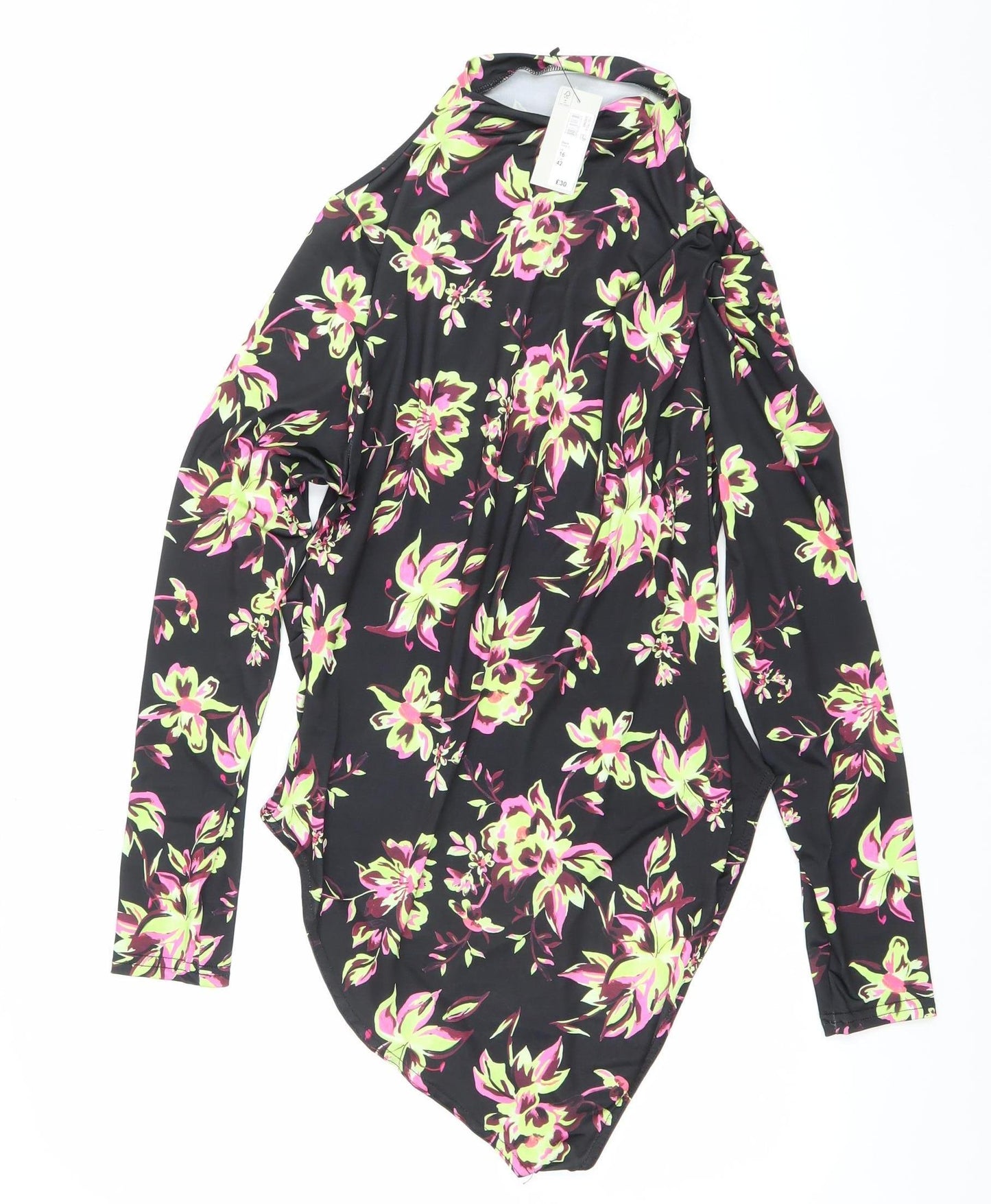 River Island Women Black Floral Long Sleeve Bodysuit Size 16