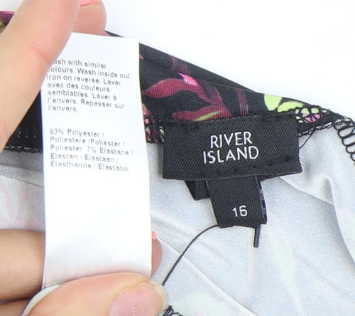 River Island Women Black Floral Long Sleeve Bodysuit Size 16