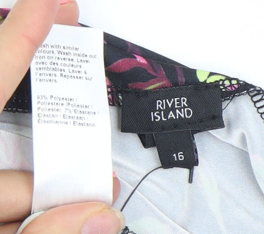 River Island Women Black Floral Long Sleeve Bodysuit Size 16