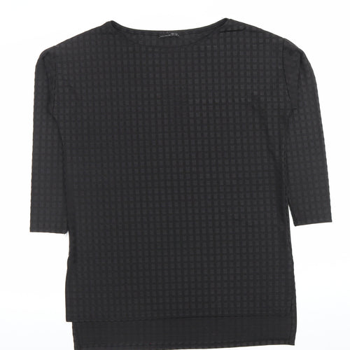 Zara Women Black Check Textured Tunic Top Size L 3/4 Sleeve