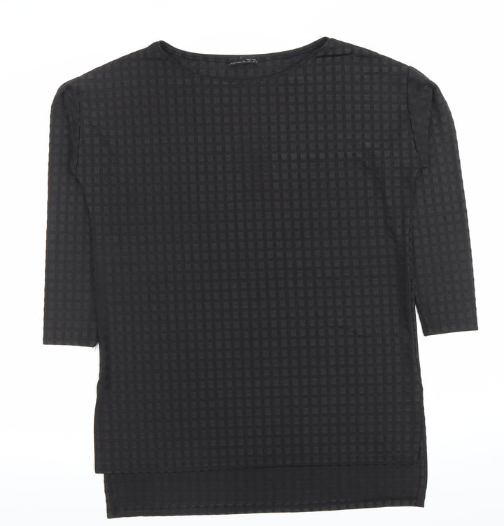 Zara Women Black Check Textured Tunic Top Size L 3/4 Sleeve