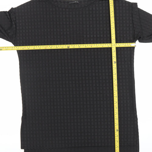 Zara Women Black Check Textured Tunic Top Size L 3/4 Sleeve