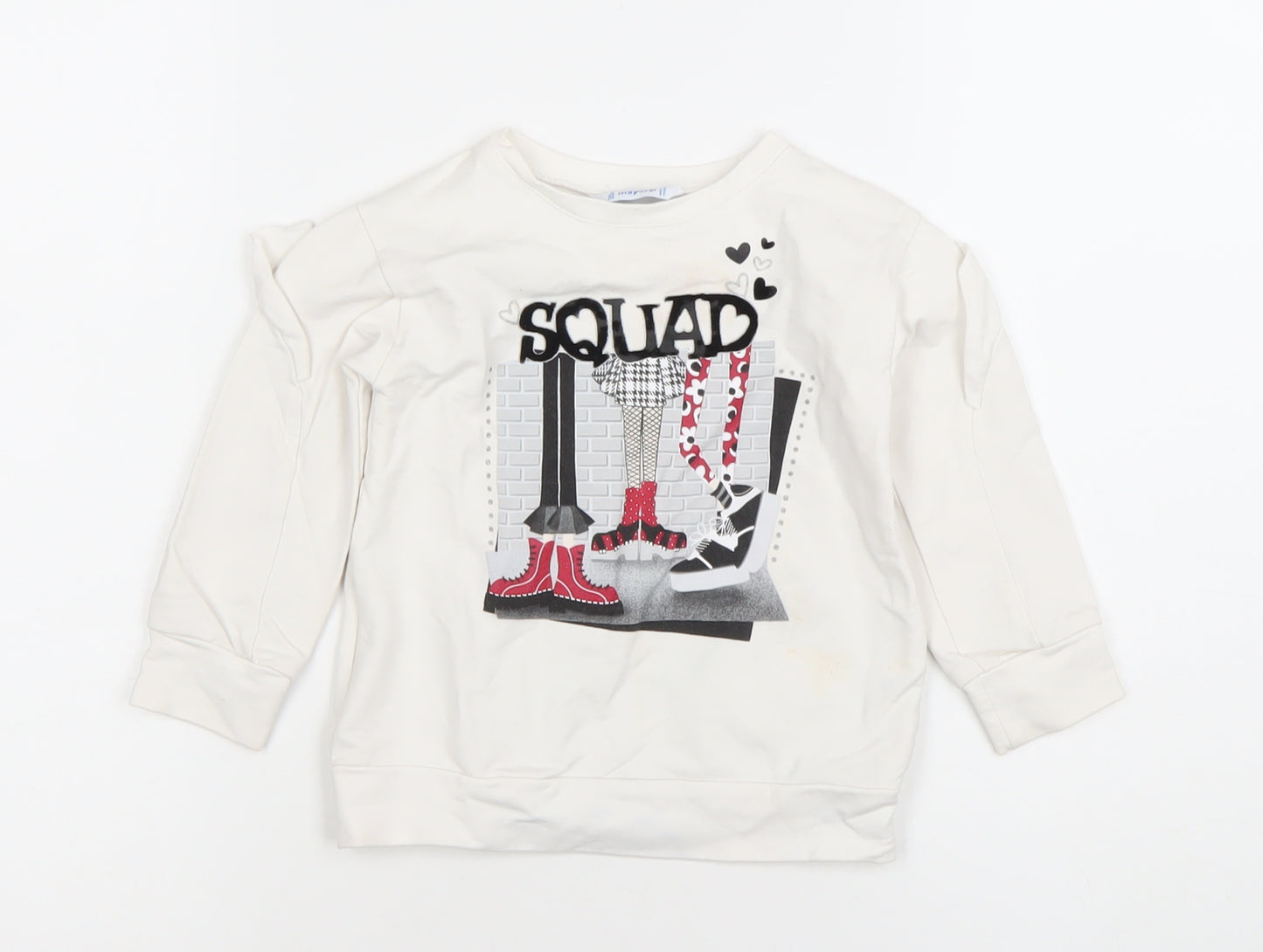 Mayoral Girls Ivory Long Sleeve 'Squad' Ruffle Pullover T-Shirt 2 Years