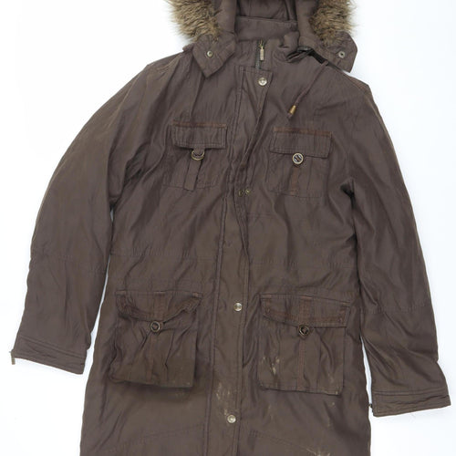 Per Una Womens Brown Fur Trim Hooded Parka Coat Size M