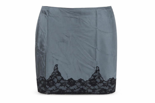 Front view of ASOS DESIGN Women’s Grey Lace Trim Satin Pencil Skirt, size UK 10