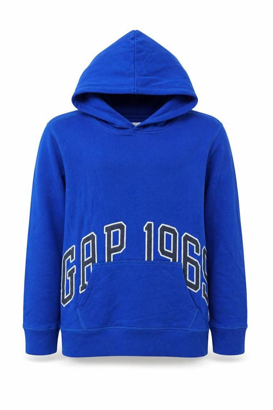 Front view of Gap Kids boys’ blue pullover hoodie, size 2XL, 160cm cotton graphic print