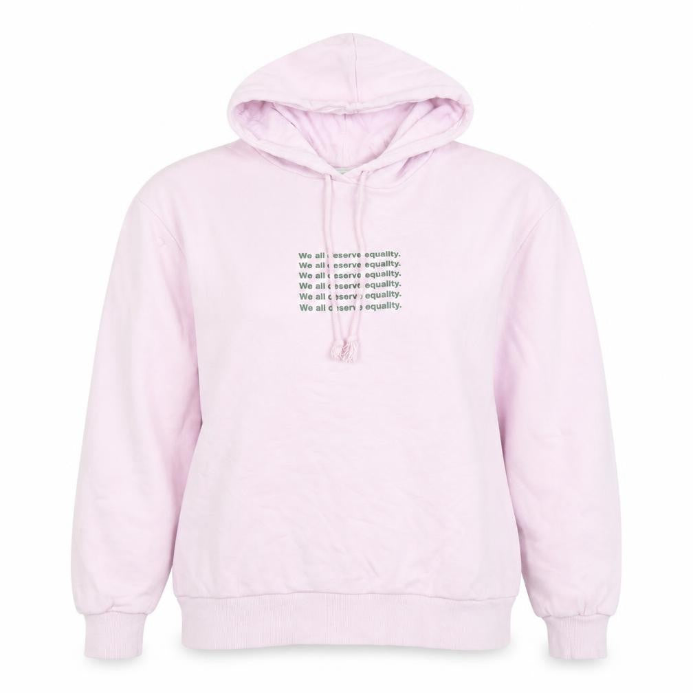 Front view of Monki Women's Pink Pullover Hoodie Small Cotton-Poly Equality Print