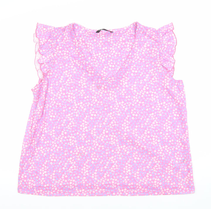 Dunnes Stores Women's Pink Floral Ruffle Sleeveless V-Neck Blouse XL