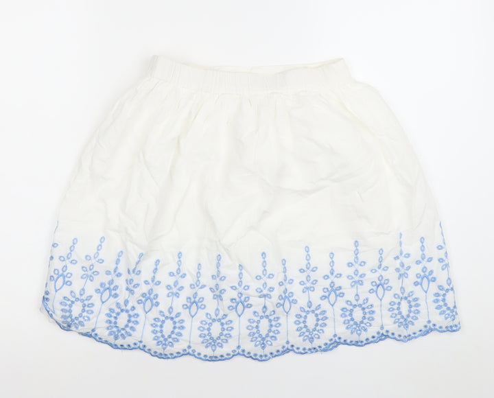 Y.D. Girls White & Blue Embroidered Cotton A-Line Skirt 10-11 Years