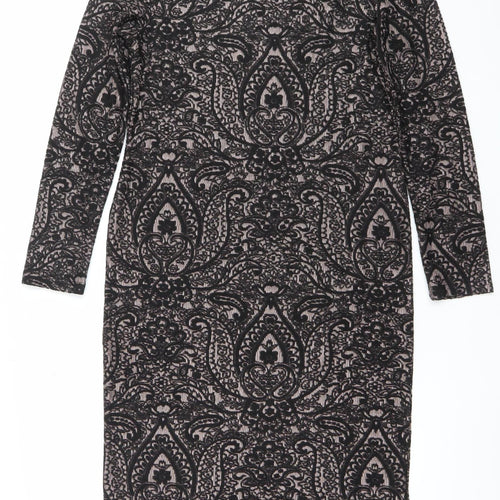 Topshop Women Black Paisley Bodycon Dress Size 16 Long Sleeve