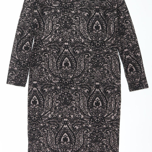 Topshop Women Black Paisley Bodycon Dress Size 16 Long Sleeve