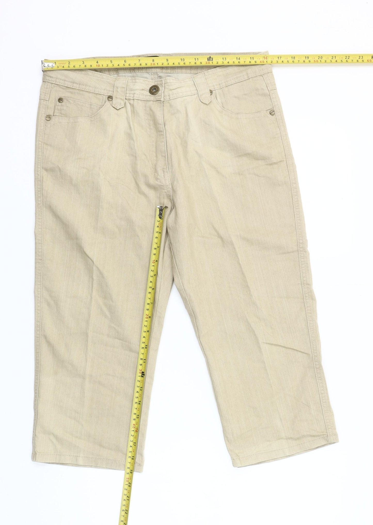 Intown Women Beige Cotton Blend Capri Trousers Size 14