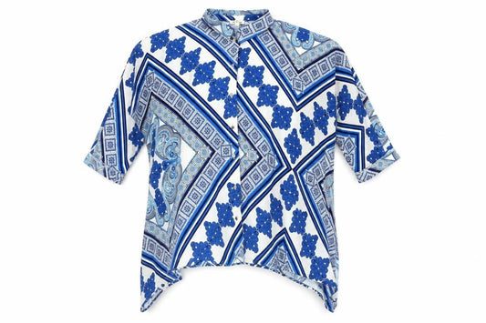 Front view of River Island Women Blue Geometric Tunic Button-Up Shirt, size 10